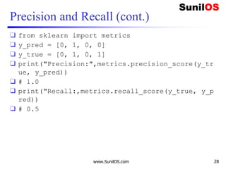 Precision and Recall (cont.)
❑ from sklearn import metrics
❑ y_pred = [0, 1, 0, 0]
❑ y_true = [0, 1, 0, 1]
❑ print("Precision:",metrics.precision_score(y_tr
ue, y_pred))
❑ # 1.0
❑ print("Recall:,metrics.recall_score(y_true, y_p
red))
❑ # 0.5
www.SunilOS.com 28
 