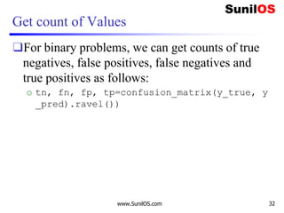 Get count of Values
❑For binary problems, we can get counts of true
negatives, false positives, false negatives and
true positives as follows:
o tn, fn, fp, tp=confusion_matrix(y_true, y
_pred).ravel())
www.SunilOS.com 32
 