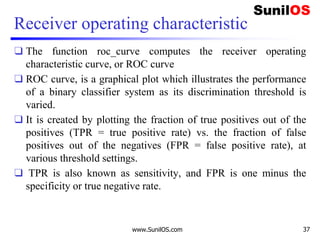 Receiver operating characteristic
❑ The function roc_curve computes the receiver operating
characteristic curve, or ROC curve
❑ ROC curve, is a graphical plot which illustrates the performance
of a binary classifier system as its discrimination threshold is
varied.
❑ It is created by plotting the fraction of true positives out of the
positives (TPR = true positive rate) vs. the fraction of false
positives out of the negatives (FPR = false positive rate), at
various threshold settings.
❑ TPR is also known as sensitivity, and FPR is one minus the
specificity or true negative rate.
www.SunilOS.com 37
 
