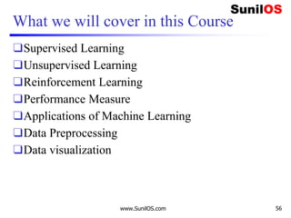 What we will cover in this Course
❑Supervised Learning
❑Unsupervised Learning
❑Reinforcement Learning
❑Performance Measure
❑Applications of Machine Learning
❑Data Preprocessing
❑Data visualization
www.SunilOS.com 56
 