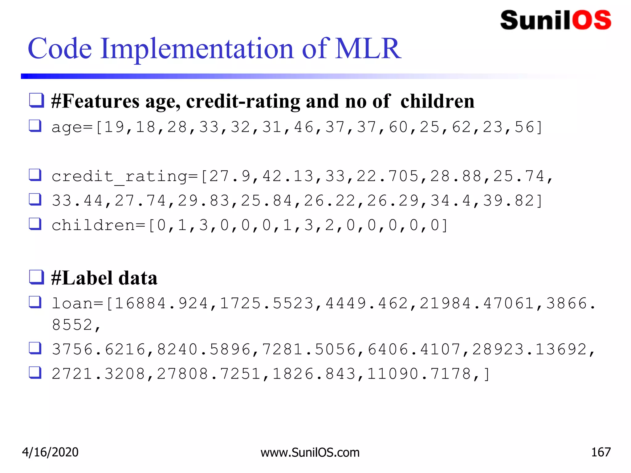 Code Implementation of MLR
❑ #Features age, credit-rating and no of children
❑ age=[19,18,28,33,32,31,46,37,37,60,25,62,23,56]
❑ credit_rating=[27.9,42.13,33,22.705,28.88,25.74,
❑ 33.44,27.74,29.83,25.84,26.22,26.29,34.4,39.82]
❑ children=[0,1,3,0,0,0,1,3,2,0,0,0,0,0]
❑ #Label data
❑ loan=[16884.924,1725.5523,4449.462,21984.47061,3866.
8552,
❑ 3756.6216,8240.5896,7281.5056,6406.4107,28923.13692,
❑ 2721.3208,27808.7251,1826.843,11090.7178,]
4/16/2020 www.SunilOS.com 167
 