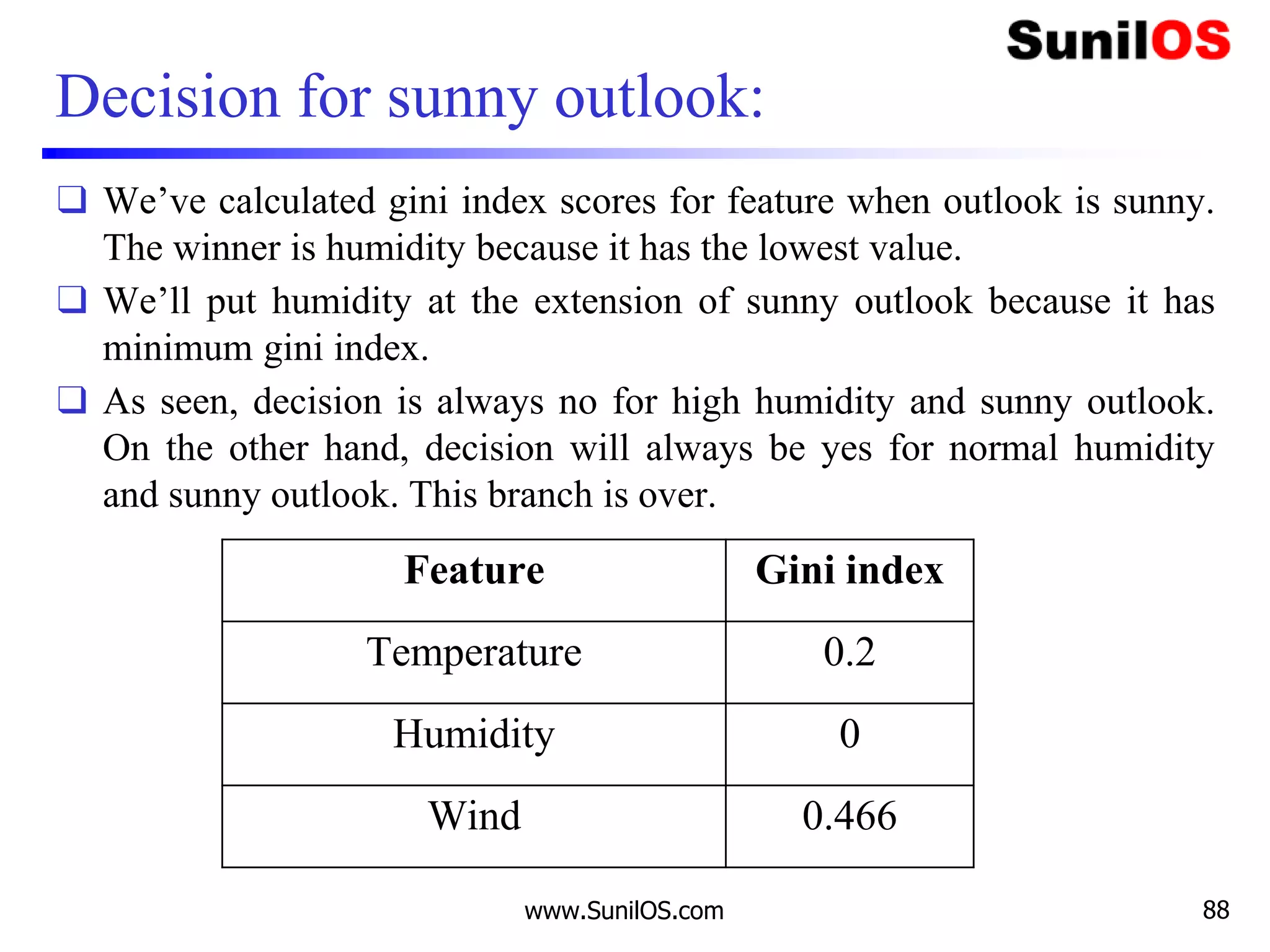 Decision for sunny outlook:
❑ We’ve calculated gini index scores for feature when outlook is sunny.
The winner is humidity because it has the lowest value.
❑ We’ll put humidity at the extension of sunny outlook because it has
minimum gini index.
❑ As seen, decision is always no for high humidity and sunny outlook.
On the other hand, decision will always be yes for normal humidity
and sunny outlook. This branch is over.
www.SunilOS.com 88
Feature Gini index
Temperature 0.2
Humidity 0
Wind 0.466
 