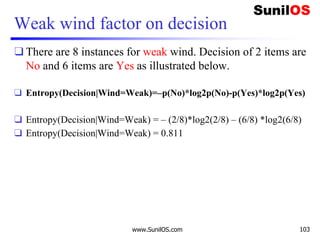 Weak wind factor on decision
❑ There are 8 instances for weak wind. Decision of 2 items are
No and 6 items are Yes as illustrated below.
❑ Entropy(Decision|Wind=Weak)=–p(No)*log2p(No)-p(Yes)*log2p(Yes)
❑ Entropy(Decision|Wind=Weak) = – (2/8)*log2(2/8) – (6/8) *log2(6/8)
❑ Entropy(Decision|Wind=Weak) = 0.811
www.SunilOS.com 103
 