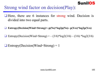Strong wind factor on decision(Play):
❑ Here, there are 6 instances for strong wind. Decision is
divided into two equal parts.
❑ Entropy(Decision|Wind=Strong)=–p(No)*log2p(No)– p(Yes)*log2p(Yes)
❑ Entropy(Decision|Wind=Strong) = – (3/6)*log2(3/6) – (3/6) *log2(3/6)
❑ Entropy(Decision|Wind=Strong) = 1
www.SunilOS.com 105
 