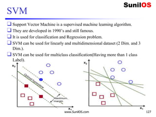 SVM
❑ Support Vector Machine is a supervised machine learning algorithm.
❑ They are developed in 1990’s and still famous.
❑ It is used for classification and Regression problem.
❑ SVM can be used for linearly and multidimensional dataset (2 Dim. and 3
Dim.).
❑ SVM can be used for multiclass classification(Having more than 1 class
Label).
www.SunilOS.com 127
 