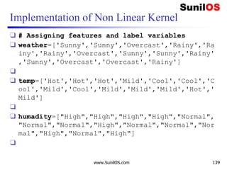 Implementation of Non Linear Kernel
❑ # Assigning features and label variables
❑ weather=['Sunny','Sunny','Overcast','Rainy','Ra
iny','Rainy','Overcast','Sunny','Sunny','Rainy'
,'Sunny','Overcast','Overcast','Rainy']
❑
❑ temp=['Hot','Hot','Hot','Mild','Cool','Cool','C
ool','Mild','Cool','Mild','Mild','Mild','Hot','
Mild']
❑
❑ humadity=["High","High","High","High","Normal",
"Normal","Normal","High","Normal","Normal","Nor
mal","High","Normal","High"]
❑
www.SunilOS.com 139
 
