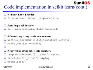 Code implementation in scikit learn(cont.)
❑ # Import Label Encoder
❑ from sklearn import preprocessing
❑ #creating label Encoder
❑ le = preprocessing.LabelEncoder()
❑ # Converting string labels into numbers.
❑ weather_encoded=le.fit_transform(weather)
❑ print(weather_encoded)
❑
❑ # converting string labels into numbers
❑ temp_encoded=le.fit_transform(temp)
❑ label=le.fit_transform(play)
❑ print(label)
4/16/2020 www.SunilOS.com 22
 
