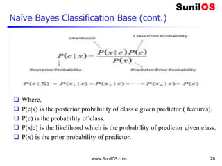 Naïve Bayes Classification Base (cont.)
❑ Where,
❑ P(c|x) is the posterior probability of class c given predictor ( features).
❑ P(c) is the probability of class.
❑ P(x|c) is the likelihood which is the probability of predictor given class.
❑ P(x) is the prior probability of predictor.
www.SunilOS.com 28
 