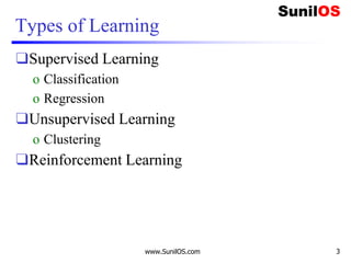Types of Learning
❑Supervised Learning
o Classification
o Regression
❑Unsupervised Learning
o Clustering
❑Reinforcement Learning
www.SunilOS.com 3
 