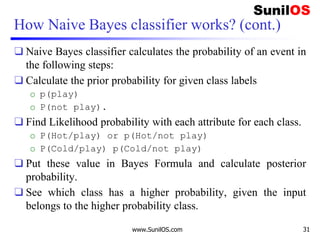 How Naive Bayes classifier works? (cont.)
❑ Naive Bayes classifier calculates the probability of an event in
the following steps:
❑ Calculate the prior probability for given class labels
o p(play)
o P(not play).
❑ Find Likelihood probability with each attribute for each class.
o P(Hot/play) or p(Hot/not play)
o P(Cold/play) p(Cold/not play)
❑ Put these value in Bayes Formula and calculate posterior
probability.
❑ See which class has a higher probability, given the input
belongs to the higher probability class.
www.SunilOS.com 31
 