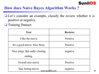 How does Naive Bayes Algorithm Works ?
❑ Let’s consider an example, classify the review whether it is
positive or negative.
❑ Training Dataset:
www.SunilOS.com 42
Text Reviews
I like the movie Positive
It's a good movie. Nice Story Positive
Nice songs. But sadly a boring
ending.
negative
Overall nice movie Positive
Sad, boring movie negative
 
