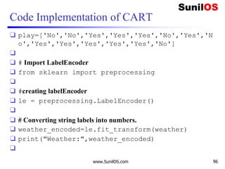 Code Implementation of CART
❑ play=['No','No','Yes','Yes','Yes','No','Yes','N
o','Yes','Yes','Yes','Yes','Yes','No']
❑
❑ # Import LabelEncoder
❑ from sklearn import preprocessing
❑
❑ #creating labelEncoder
❑ le = preprocessing.LabelEncoder()
❑
❑ # Converting string labels into numbers.
❑ weather_encoded=le.fit_transform(weather)
❑ print("Weather:",weather_encoded)
❑
www.SunilOS.com 96
 