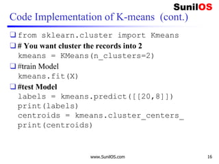 Code Implementation of K-means (cont.)
❑ from sklearn.cluster import Kmeans
❑ # You want cluster the records into 2
kmeans = KMeans(n_clusters=2)
❑ #train Model
kmeans.fit(X)
❑ #test Model
labels = kmeans.predict([[20,8]])
print(labels)
centroids = kmeans.cluster_centers_
print(centroids)
www.SunilOS.com 16
 