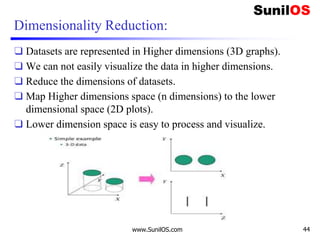 Dimensionality Reduction:
❑ Datasets are represented in Higher dimensions (3D graphs).
❑ We can not easily visualize the data in higher dimensions.
❑ Reduce the dimensions of datasets.
❑ Map Higher dimensions space (n dimensions) to the lower
dimensional space (2D plots).
❑ Lower dimension space is easy to process and visualize.
www.SunilOS.com 44
 