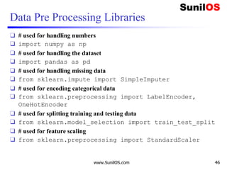 Data Pre Processing Libraries
❑ # used for handling numbers
❑ import numpy as np
❑ # used for handling the dataset
❑ import pandas as pd
❑ # used for handling missing data
❑ from sklearn.impute import SimpleImputer
❑ # used for encoding categorical data
❑ from sklearn.preprocessing import LabelEncoder,
OneHotEncoder
❑ # used for splitting training and testing data
❑ from sklearn.model_selection import train_test_split
❑ # used for feature scaling
❑ from sklearn.preprocessing import StandardScaler
www.SunilOS.com 46
 