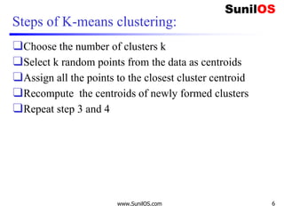 Steps of K-means clustering:
❑Choose the number of clusters k
❑Select k random points from the data as centroids
❑Assign all the points to the closest cluster centroid
❑Recompute the centroids of newly formed clusters
❑Repeat step 3 and 4
www.SunilOS.com 6
 