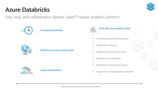 Fast, easy, and collaborative Apache Spark™-based analytics platform
Built with your needs in mind
Optimized Apache Spark environmnet
Collaborative workspace
Integration with Azure data services
Autoscale and autoterminate
Optimized for distributed processing
Support for multiple languages and libraries
Seamlessly integrated with the Azure Portfolio
Increase productivity
Build on a secure, trusted cloud
Scale without limits
 