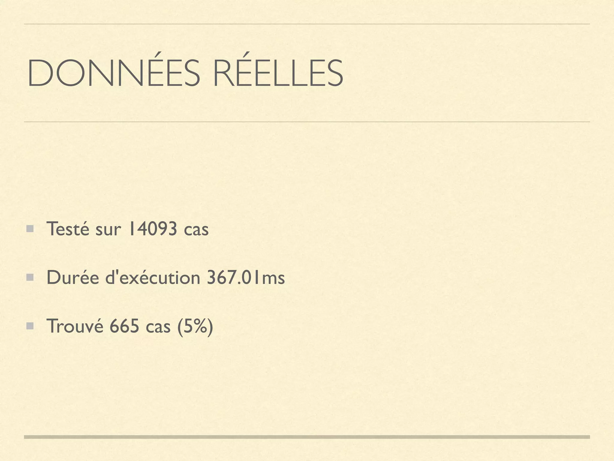 DONNÉES RÉELLES
Testé sur 14093 cas
Durée d'exécution 367.01ms
Trouvé 665 cas (5%)
 