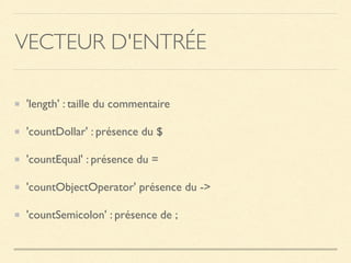 VECTEUR D'ENTRÉE
'length' : taille du commentaire
'countDollar' : présence du $
'countEqual' : présence du =
'countObjectOperator' présence du ->
'countSemicolon' : présence de ;
 