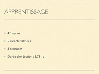 APPRENTISSAGE
47 leçons
5 caractéristiques
3 neurones
Durée d'exécution : 5,711 s
 
