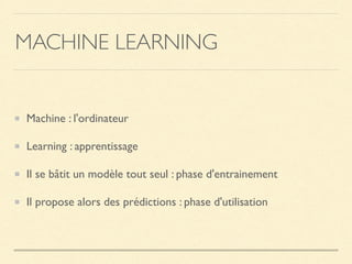 MACHINE LEARNING
Machine : l'ordinateur
Learning : apprentissage
Il se bâtit un modèle tout seul : phase d'entrainement
Il...