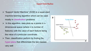 Support Vector Machine
 “Support Vector Machine” (SVM) is a supervised
machine learning algorithm which can be used
mostly in classification problems.
 In this algorithm, data plots as a points in n-
dimensional space (where n is number of
features) with the value of each feature being
the value of a particular coordinate.
 Then, classification perform by finding the
hyper-plane that differentiate the two classes
very well
hyper-plane
 