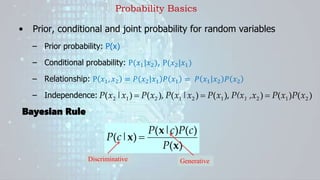 Probability Basics
• Prior, conditional and joint probability for random variables
– Prior probability: P(x)
– Conditional probability: P(𝑥1|𝑥2), P(𝑥2|𝑥1)
– Relationship: P 𝑥1, 𝑥2 = 𝑃 𝑥2 𝑥1 𝑃 𝑥1 = 𝑃 𝑥1 𝑥2 𝑃 𝑥2
– Independence: )
(
)
(
)
),
(
)
|
(
),
(
)
|
( 2
1
2
1
2
1
2
1
2 x
P
x
P
,x
P(x
x
P
x
x
P
x
P
x
x
P 1 


)
(
)
(
)
(
)
(
x
x
x
P
c
P
c
|
P
|
c
P 
Discriminative Generative
Bayesian Rule
 