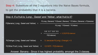 Step 4: Substitute all the 3 equations into the Naive Bayes formula,
to get the probability that it is a banana.
 
