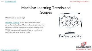 Machine Learning Trends and
Scopes
Why Machine Learning ?
Machine Learning is the most influential and
powerful technology. Machine learning is a tool for
finding underlying patterns within complex data.
Which can be used to predict future events and
perform descision making tasks.
Call: +919951171808
https://www.innomatics.in
Email Id: info@innomatics.in
 