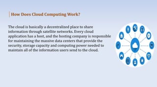 How Does Cloud Computing Work?
The cloud is basically a decentralized place to share
information through satellite networks. Every cloud
application has a host, and the hosting company is responsible
for maintaining the massive data centers that provide the
security, storage capacity and computing power needed to
maintain all of the information users send to the cloud.
 