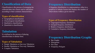 Classification of Data
Classification is the process of arranging the
collected data into classes and to subclasses
according to their common characteristics.
Types of classification
 Geographical classification
 Chronological classification
 Qualitative classification
 Quantitative classification
Tabulation
It is defined as the process of placing
classified data in tabular form.
Types of Tabulation
 Simple Tabulation or One-way Tabulation
 Double Tabulation or Two-way Tabulation
 Complex Tabulation
Frequency Distribution
A frequency distribution is a representation, either in a
graphical or tabular format that displays the number of
observations within a given interval.
Types of Frequency Distribution
 Ungrouped frequency distribution
 Grouped frequency distribution
 Relative frequency distribution
 Cumulative frequency distribution
Frequency Distribution Graphs
 Bar Graphs
 Histograms
 Pie Chart
 Frequency Polygon
 