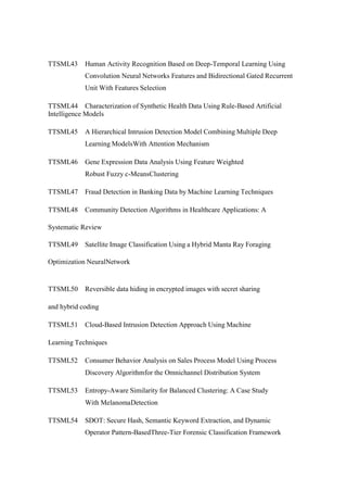 TTSML43 Human Activity Recognition Based on Deep-Temporal Learning Using
Convolution Neural Networks Features and Bidirectional Gated Recurrent
Unit With Features Selection
TTSML44 Characterization of Synthetic Health Data Using Rule-Based Artificial
Intelligence Models
TTSML45 A Hierarchical Intrusion Detection Model Combining Multiple Deep
Learning ModelsWith Attention Mechanism
TTSML46 Gene Expression Data Analysis Using Feature Weighted
Robust Fuzzy c-MeansClustering
TTSML47 Fraud Detection in Banking Data by Machine Learning Techniques
TTSML48 Community Detection Algorithms in Healthcare Applications: A
Systematic Review
TTSML49 Satellite Image Classification Using a Hybrid Manta Ray Foraging
Optimization NeuralNetwork
TTSML50 Reversible data hiding in encrypted images with secret sharing
and hybrid coding
TTSML51 Cloud-Based Intrusion Detection Approach Using Machine
Learning Techniques
TTSML52 Consumer Behavior Analysis on Sales Process Model Using Process
Discovery Algorithmfor the Omnichannel Distribution System
TTSML53 Entropy-Aware Similarity for Balanced Clustering: A Case Study
With MelanomaDetection
TTSML54 SDOT: Secure Hash, Semantic Keyword Extraction, and Dynamic
Operator Pattern-BasedThree-Tier Forensic Classification Framework
 