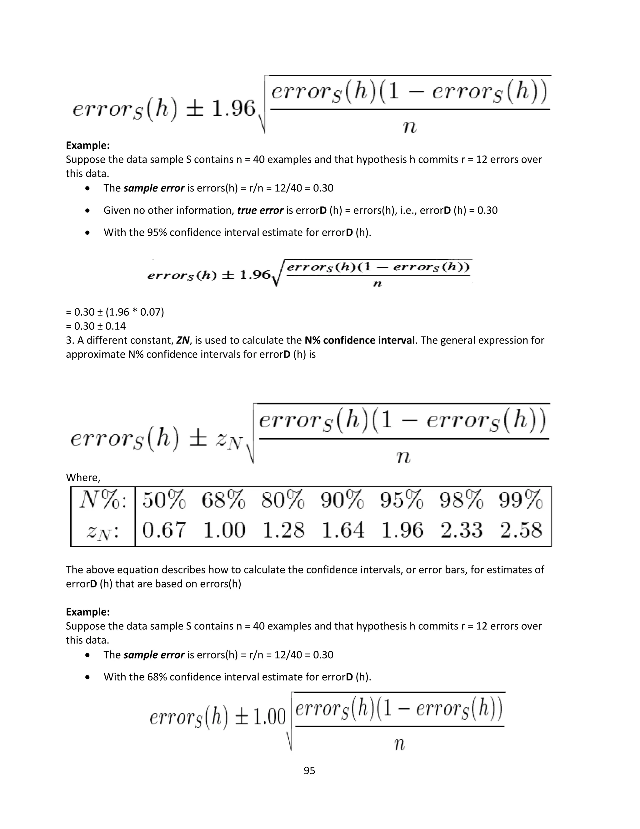 95
Example:
Suppose the data sample S contains n = 40 examples and that hypothesis h commits r = 12 errors over
this data.
 The sample error is errors(h) = r/n = 12/40 = 0.30
 Given no other information, true error is errorD (h) = errors(h), i.e., errorD (h) = 0.30
 With the 95% confidence interval estimate for errorD (h).
= 0.30 ± (1.96 * 0.07)
= 0.30 ± 0.14
3. A different constant, ZN, is used to calculate the N% confidence interval. The general expression for
approximate N% confidence intervals for errorD (h) is
Where,
The above equation describes how to calculate the confidence intervals, or error bars, for estimates of
errorD (h) that are based on errors(h)
Example:
Suppose the data sample S contains n = 40 examples and that hypothesis h commits r = 12 errors over
this data.
 The sample error is errors(h) = r/n = 12/40 = 0.30
 With the 68% confidence interval estimate for errorD (h).
 