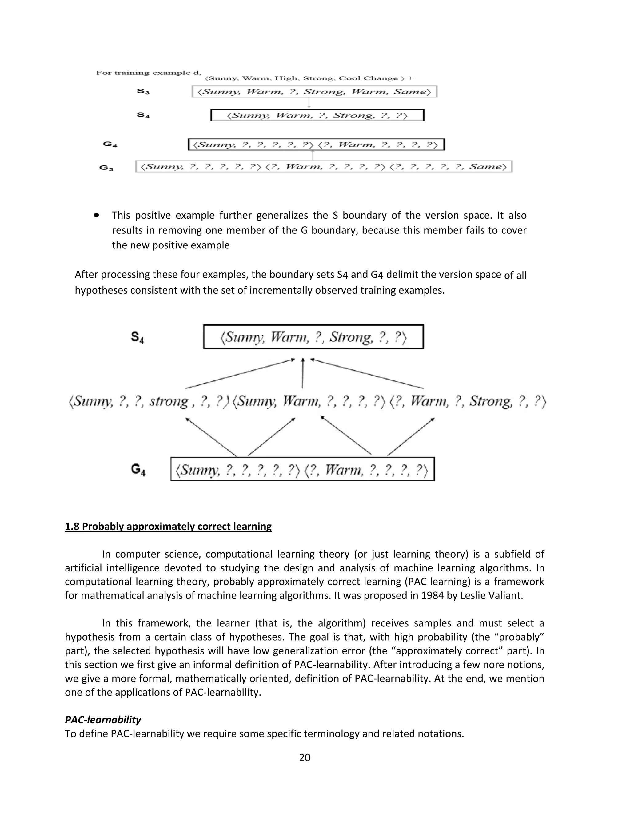 20
 This positive example further generalizes the S boundary of the version space. It also
results in removing one member of the G boundary, because this member fails to cover
the new positive example
After processing these four examples, the boundary sets S4 and G4 delimit the version space of all
hypotheses consistent with the set of incrementally observed training examples.
1.8 Probably approximately correct learning
In computer science, computational learning theory (or just learning theory) is a subfield of
artificial intelligence devoted to studying the design and analysis of machine learning algorithms. In
computational learning theory, probably approximately correct learning (PAC learning) is a framework
for mathematical analysis of machine learning algorithms. It was proposed in 1984 by Leslie Valiant.
In this framework, the learner (that is, the algorithm) receives samples and must select a
hypothesis from a certain class of hypotheses. The goal is that, with high probability (the “probably”
part), the selected hypothesis will have low generalization error (the “approximately correct” part). In
this section we first give an informal definition of PAC-learnability. After introducing a few nore notions,
we give a more formal, mathematically oriented, definition of PAC-learnability. At the end, we mention
one of the applications of PAC-learnability.
PAC-learnability
To define PAC-learnability we require some specific terminology and related notations.
 