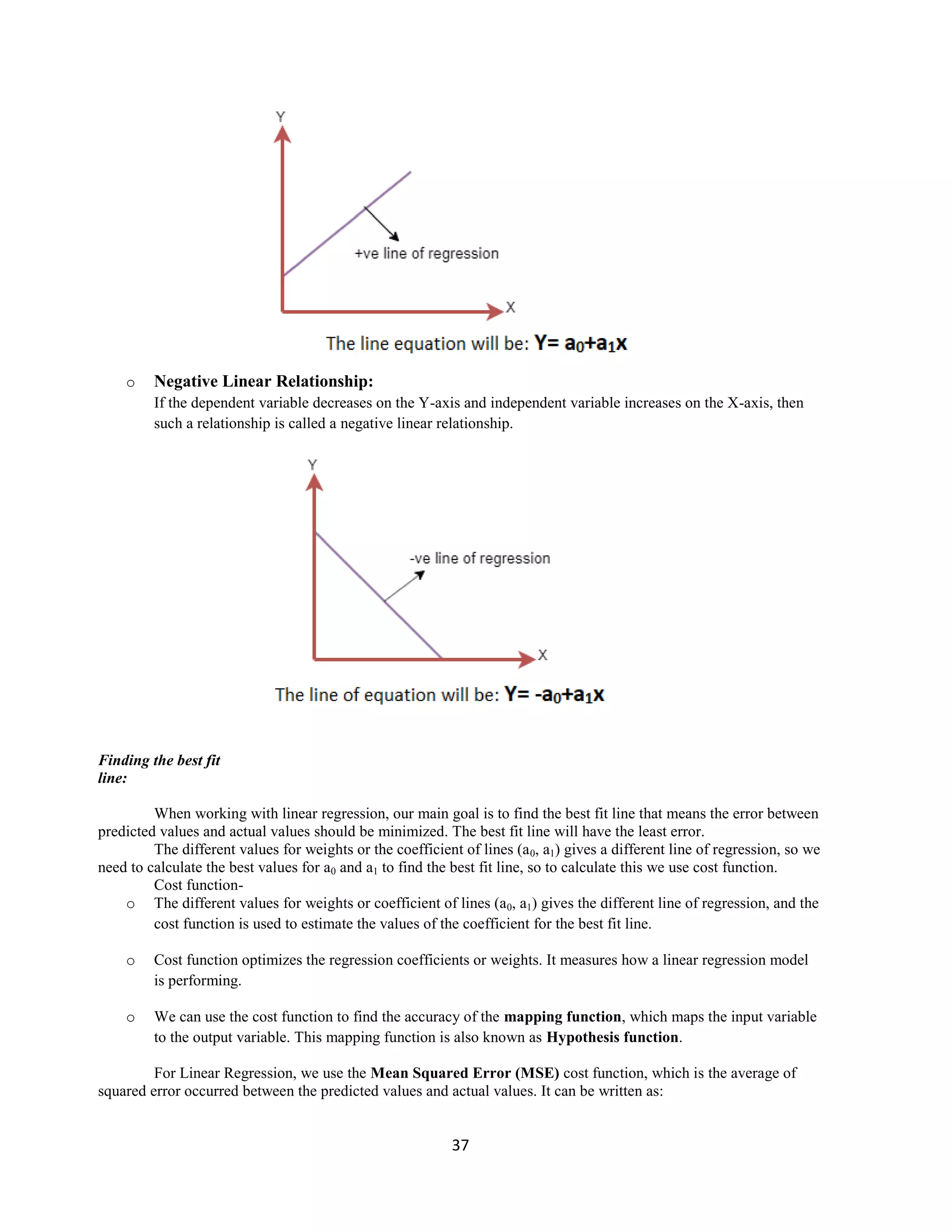 37
o Negative Linear Relationship:
If the dependent variable decreases on the Y-axis and independent variable increases on the X-axis, then
such a relationship is called a negative linear relationship.
Finding the best fit
line:
When working with linear regression, our main goal is to find the best fit line that means the error between
predicted values and actual values should be minimized. The best fit line will have the least error.
The different values for weights or the coefficient of lines (a0, a1) gives a different line of regression, so we
need to calculate the best values for a0 and a1 to find the best fit line, so to calculate this we use cost function.
Cost function-
o The different values for weights or coefficient of lines (a0, a1) gives the different line of regression, and the
cost function is used to estimate the values of the coefficient for the best fit line.
o Cost function optimizes the regression coefficients or weights. It measures how a linear regression model
is performing.
o We can use the cost function to find the accuracy of the mapping function, which maps the input variable
to the output variable. This mapping function is also known as Hypothesis function.
For Linear Regression, we use the Mean Squared Error (MSE) cost function, which is the average of
squared error occurred between the predicted values and actual values. It can be written as:
 