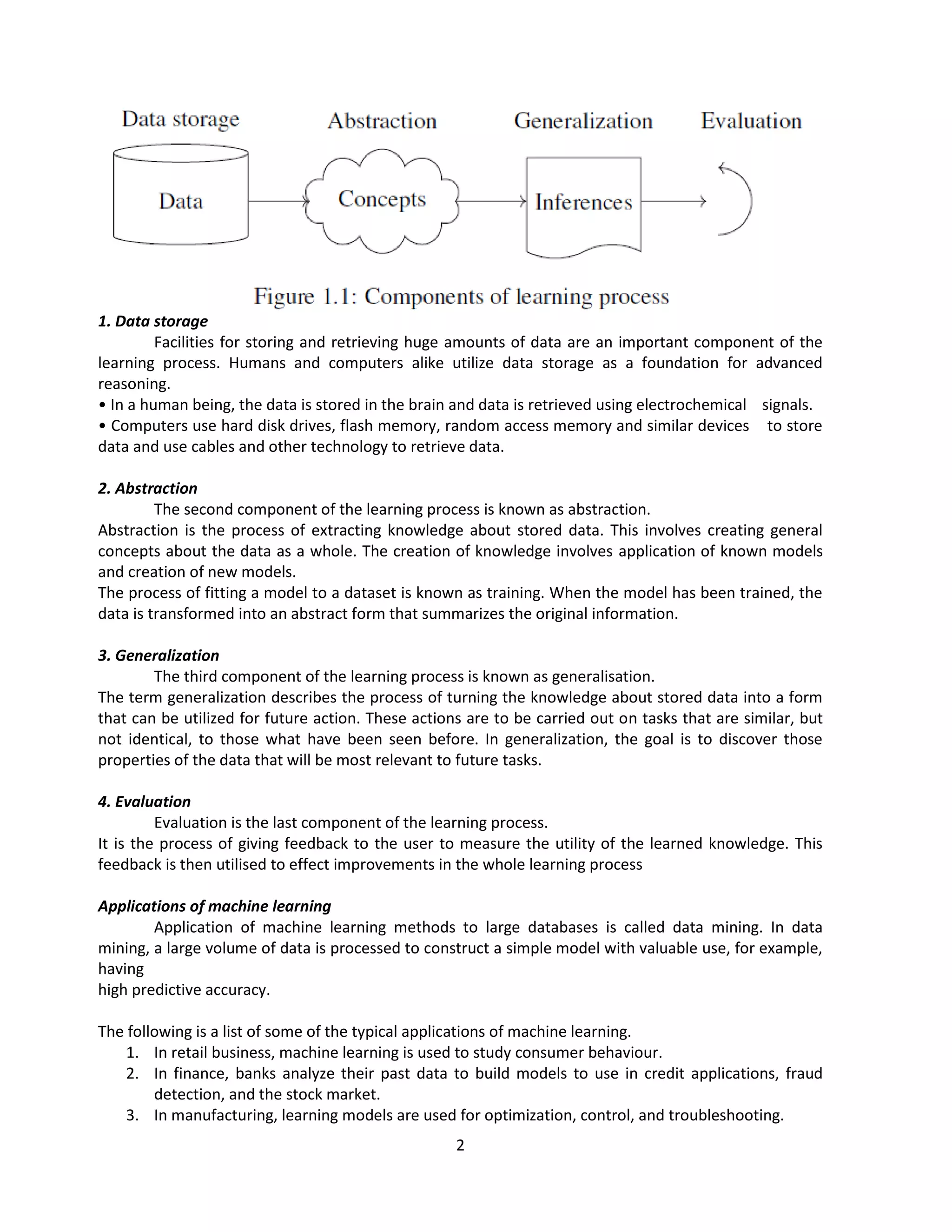 2
1. Data storage
Facilities for storing and retrieving huge amounts of data are an important component of the
learning process. Humans and computers alike utilize data storage as a foundation for advanced
reasoning.
• In a human being, the data is stored in the brain and data is retrieved using electrochemical signals.
• Computers use hard disk drives, flash memory, random access memory and similar devices to store
data and use cables and other technology to retrieve data.
2. Abstraction
The second component of the learning process is known as abstraction.
Abstraction is the process of extracting knowledge about stored data. This involves creating general
concepts about the data as a whole. The creation of knowledge involves application of known models
and creation of new models.
The process of fitting a model to a dataset is known as training. When the model has been trained, the
data is transformed into an abstract form that summarizes the original information.
3. Generalization
The third component of the learning process is known as generalisation.
The term generalization describes the process of turning the knowledge about stored data into a form
that can be utilized for future action. These actions are to be carried out on tasks that are similar, but
not identical, to those what have been seen before. In generalization, the goal is to discover those
properties of the data that will be most relevant to future tasks.
4. Evaluation
Evaluation is the last component of the learning process.
It is the process of giving feedback to the user to measure the utility of the learned knowledge. This
feedback is then utilised to effect improvements in the whole learning process
Applications of machine learning
Application of machine learning methods to large databases is called data mining. In data
mining, a large volume of data is processed to construct a simple model with valuable use, for example,
having
high predictive accuracy.
The following is a list of some of the typical applications of machine learning.
1. In retail business, machine learning is used to study consumer behaviour.
2. In finance, banks analyze their past data to build models to use in credit applications, fraud
detection, and the stock market.
3. In manufacturing, learning models are used for optimization, control, and troubleshooting.
 