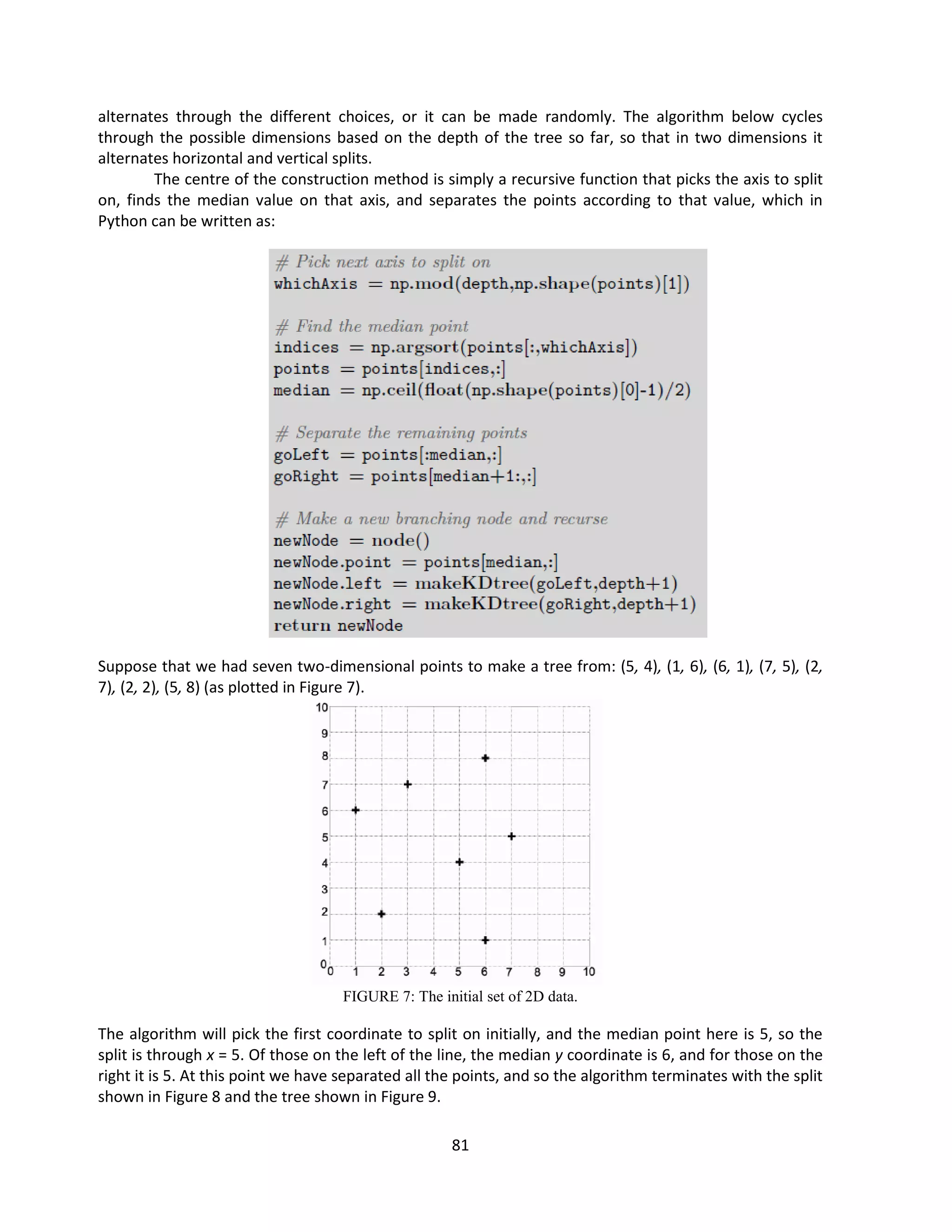 81
alternates through the different choices, or it can be made randomly. The algorithm below cycles
through the possible dimensions based on the depth of the tree so far, so that in two dimensions it
alternates horizontal and vertical splits.
The centre of the construction method is simply a recursive function that picks the axis to split
on, finds the median value on that axis, and separates the points according to that value, which in
Python can be written as:
Suppose that we had seven two-dimensional points to make a tree from: (5, 4), (1, 6), (6, 1), (7, 5), (2,
7), (2, 2), (5, 8) (as plotted in Figure 7).
FIGURE 7: The initial set of 2D data.
The algorithm will pick the first coordinate to split on initially, and the median point here is 5, so the
split is through x = 5. Of those on the left of the line, the median y coordinate is 6, and for those on the
right it is 5. At this point we have separated all the points, and so the algorithm terminates with the split
shown in Figure 8 and the tree shown in Figure 9.
 