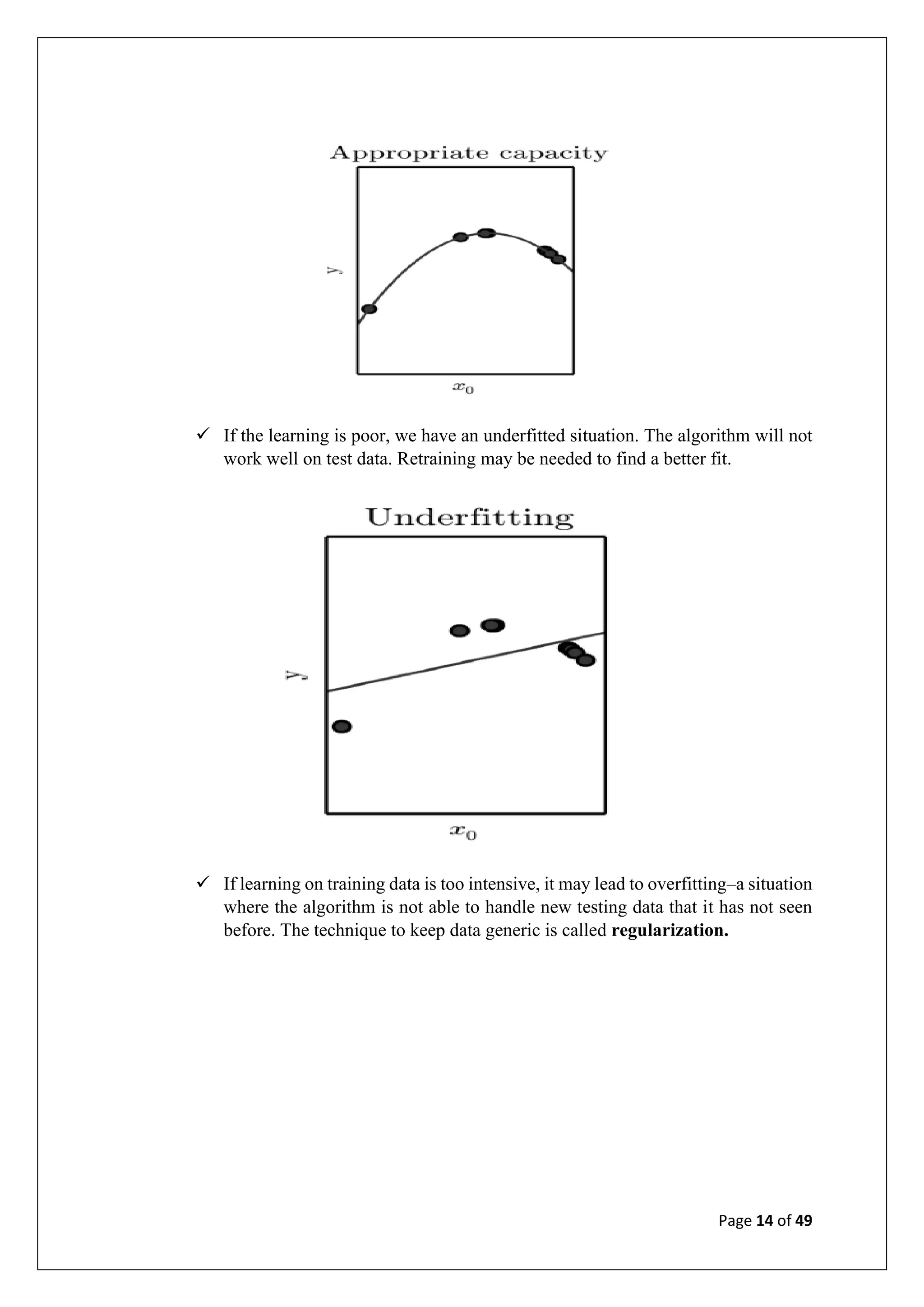 Page 14 of 49
✓ If the learning is poor, we have an underfitted situation. The algorithm will not
work well on test data. Retraining may be needed to find a better fit.
✓ If learning on training data is too intensive, it may lead to overfitting–a situation
where the algorithm is not able to handle new testing data that it has not seen
before. The technique to keep data generic is called regularization.
 