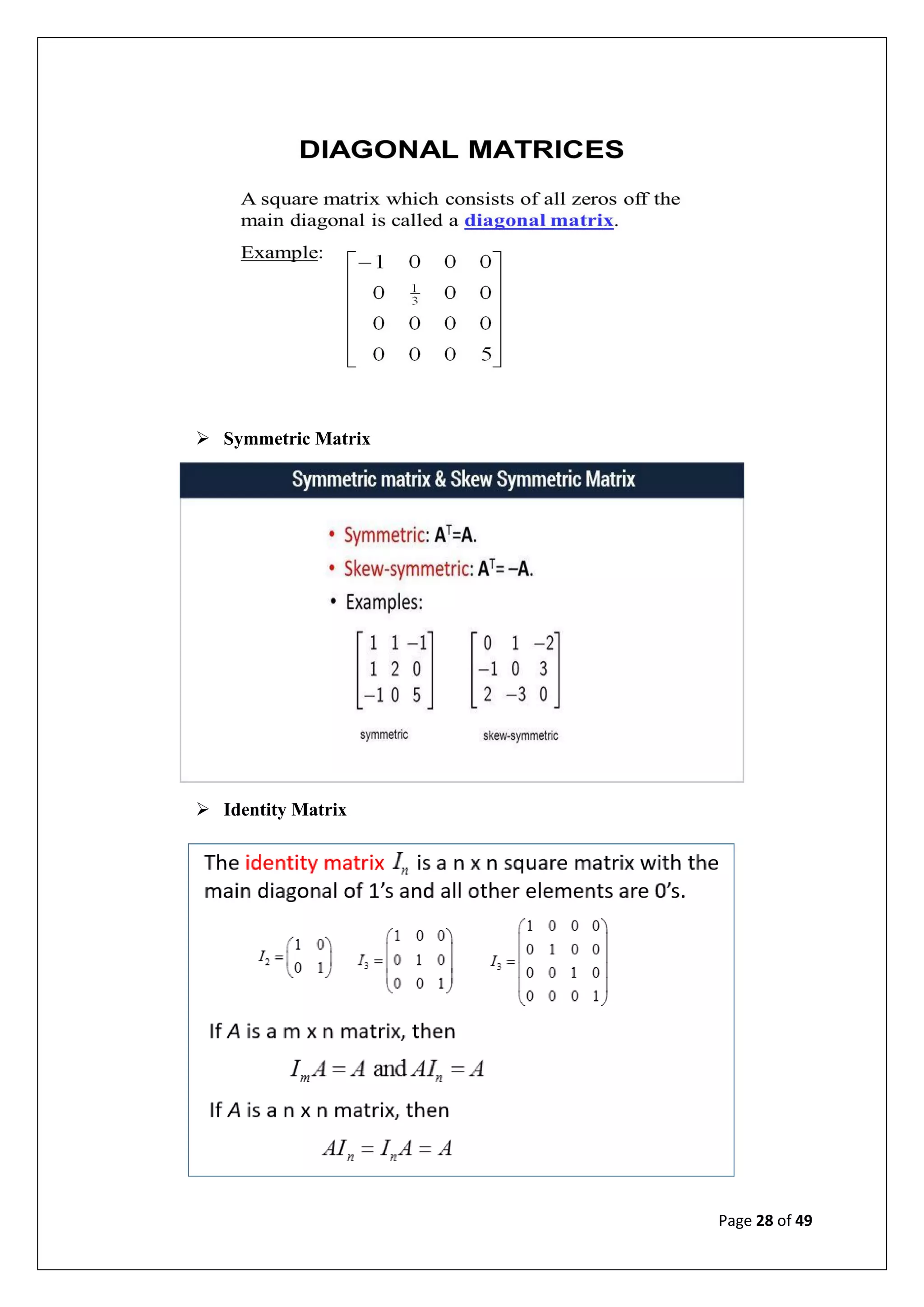 Page 28 of 49
➢ Symmetric Matrix
➢ Identity Matrix
 