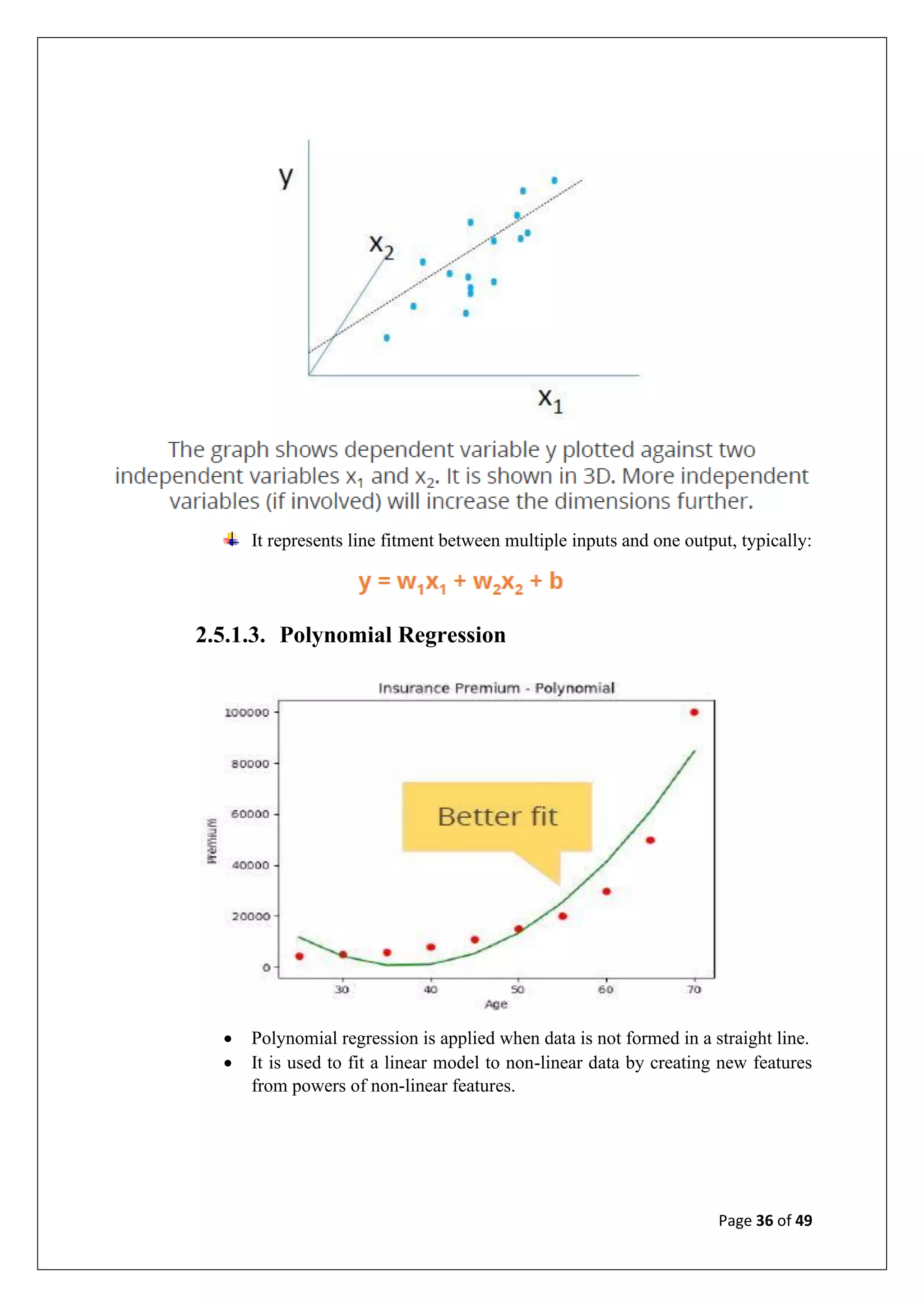 Page 36 of 49
It represents line fitment between multiple inputs and one output, typically:
2.5.1.3. Polynomial Regression
• Polynomial regression is applied when data is not formed in a straight line.
• It is used to fit a linear model to non-linear data by creating new features
from powers of non-linear features.
 