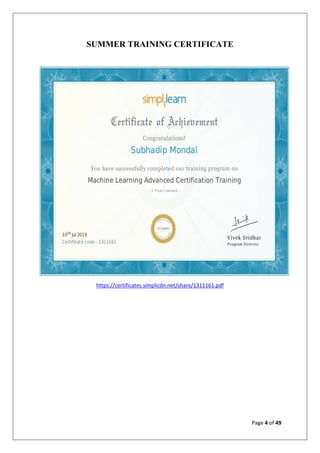 Machine learning Summer Training report | PDF