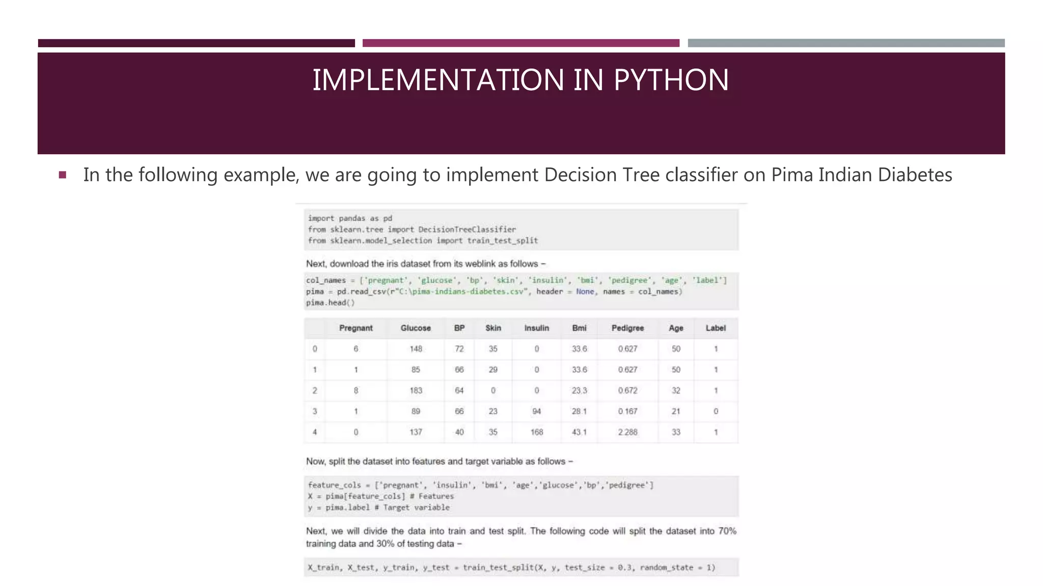 IMPLEMENTATION IN PYTHON
 In the following example, we are going to implement Decision Tree classifier on Pima Indian Diabetes
 