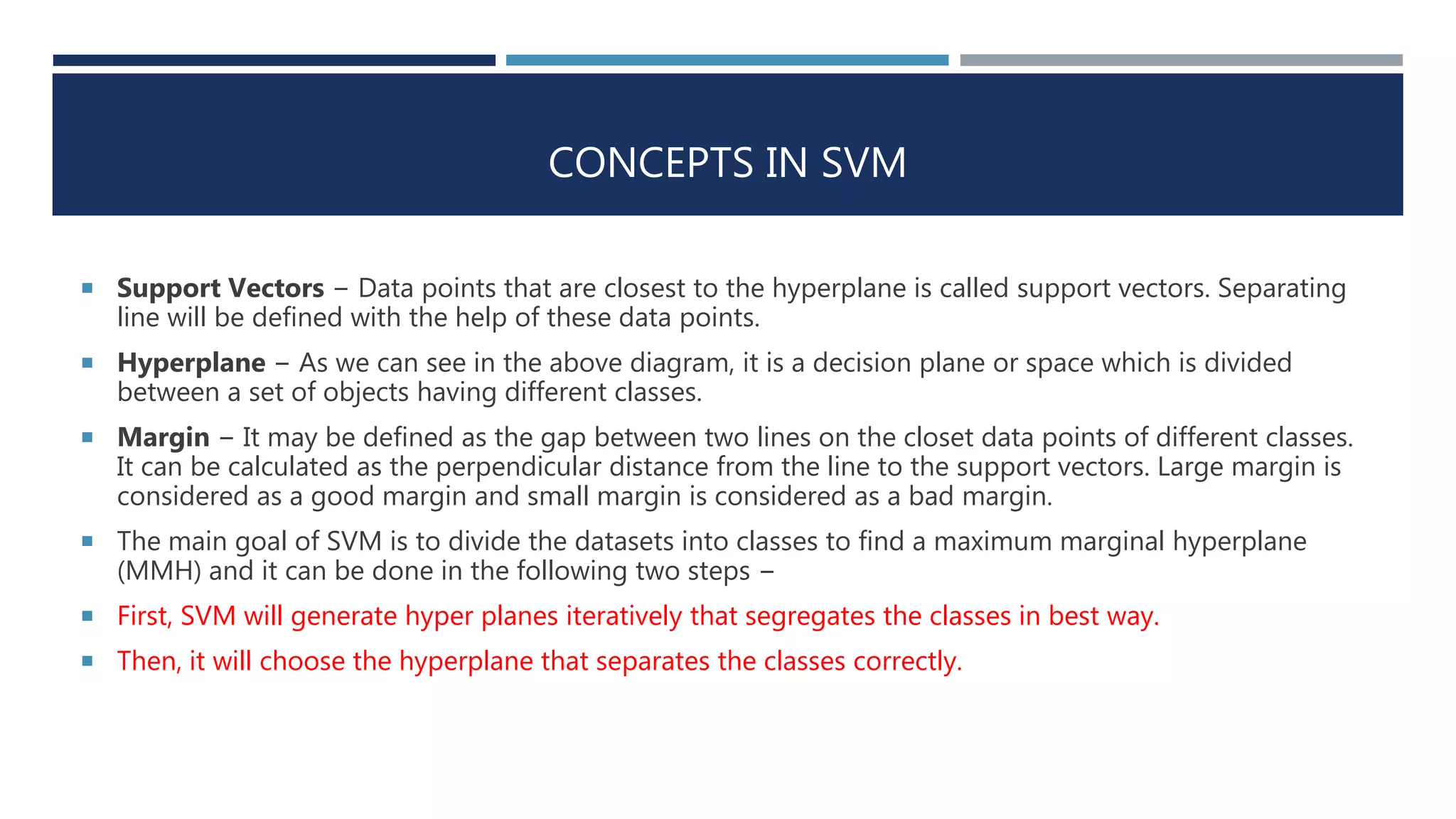 CONCEPTS IN SVM
 Support Vectors − Data points that are closest to the hyperplane is called support vectors. Separating
line will be defined with the help of these data points.
 Hyperplane − As we can see in the above diagram, it is a decision plane or space which is divided
between a set of objects having different classes.
 Margin − It may be defined as the gap between two lines on the closet data points of different classes.
It can be calculated as the perpendicular distance from the line to the support vectors. Large margin is
considered as a good margin and small margin is considered as a bad margin.
 The main goal of SVM is to divide the datasets into classes to find a maximum marginal hyperplane
(MMH) and it can be done in the following two steps −
 First, SVM will generate hyper planes iteratively that segregates the classes in best way.
 Then, it will choose the hyperplane that separates the classes correctly.
 