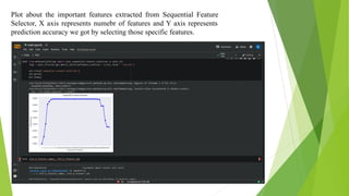 Plot about the important features extracted from Sequential Feature
Selector, X axis represents numebr of features and Y axis represents
prediction accuracy we got by selecting those specific features.
 