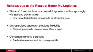 © 2017 MapR Technologies 10
Rendezvous to the Rescue: Better ML Logistics
• Stream-1st architecture is a powerful approach with surprisingly
widespread advantages
– Innovative technologies emerging to for streaming data
• Microservices approach provides flexibility
– Streaming supports microservices (if done right)
• Containers remove surprises
– Predictable environment for running models
 