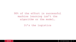 © 2017 MapR Technologies 6
90% of the effort in successful
machine learning isn’t the
algorithm or the model…
It’s the logistics
 