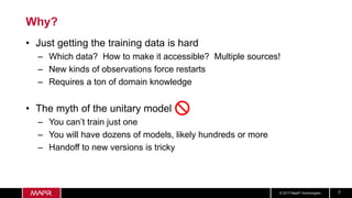 © 2017 MapR Technologies 7
Why?
• Just getting the training data is hard
– Which data? How to make it accessible? Multiple sources!
– New kinds of observations force restarts
– Requires a ton of domain knowledge
• The myth of the unitary model
– You can’t train just one
– You will have dozens of models, likely hundreds or more
– Handoff to new versions is tricky

 
