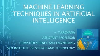 MACHINE LEARNING
TECHNIQUES IN ARTIFICIAL
INTELLIGENCE
- T.ARCHANA
ASSISTANT PROFESSOR
COMPUTER SCIENCE AND ENGINEERING
SRM INSTITUTE OF SCIENCE AND TECHNOLOGY
 