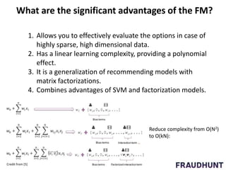 What are the significant advantages of the FM?
1. Allows you to effectively evaluate the options in case of
highly sparse, high dimensional data.
2. Has a linear learning complexity, providing a polynomial
effect.
3. It is a generalization of recommending models with
matrix factorizations.
4. Combines advantages of SVM and factorization models.
Reduce complexity from O(N2)
to O(kN):
Credit from [5]
 