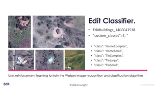 Edit Classifier.
• EditBuildings_1406043538
• "custom_classes": 5, “
• "class": "HomeComplex",
• "class": "HomeSmall",
• "class": "TinComplex“,
• "class": "TinLarge",
• "class": "TinSmall",
Uses reinforcement learning to train the Watson image recognition and classification algorithm
Confidential@stekenwright
 